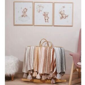 Styled Collection Pewter Charcoal Gray 3D Stripes Tassel Stroller Blanket NEW